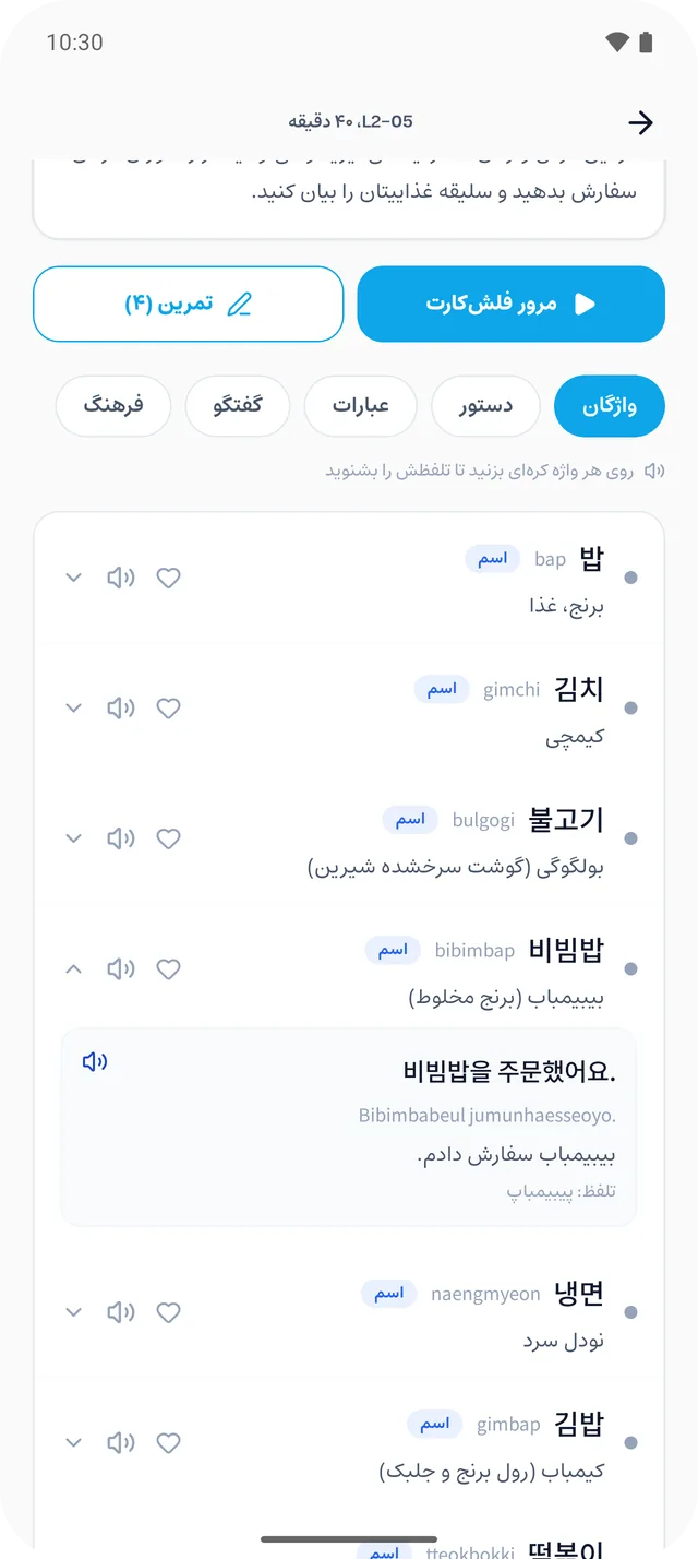 صفحه «تلفظ هر واژه، با یک لمس» در برنامه